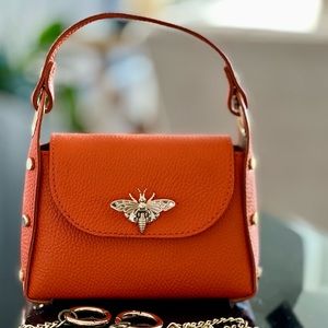 Orange Italian Pochette w/ Bee Closure & Crossbody Detachable Chain-Mini Handbag
